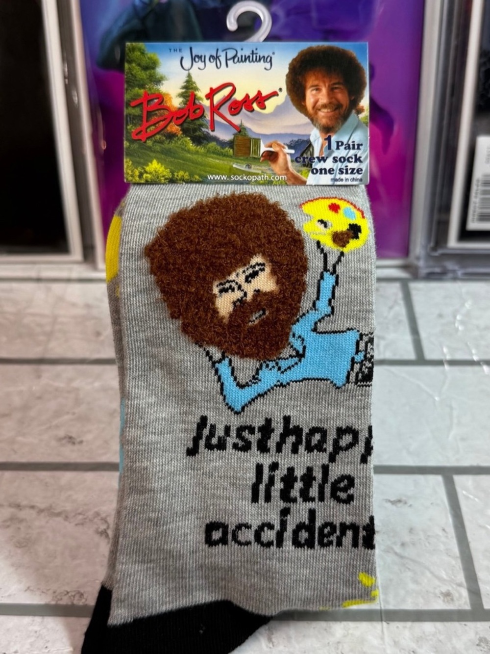 NWT Bob Ross Happy Little Accidents Crew Socks Novelty Art The Joy of Painting